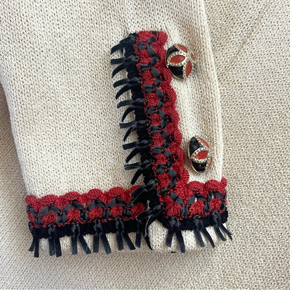 ST JOHN COLLECTION Fringe Jacket Coat SIZE 8 Ivory Red Cardigan Santana Knits - Picture 6 of 9